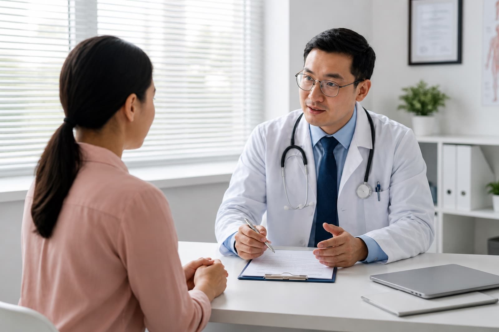 A family doctor speaking with patients in a welcoming Canadian clinic